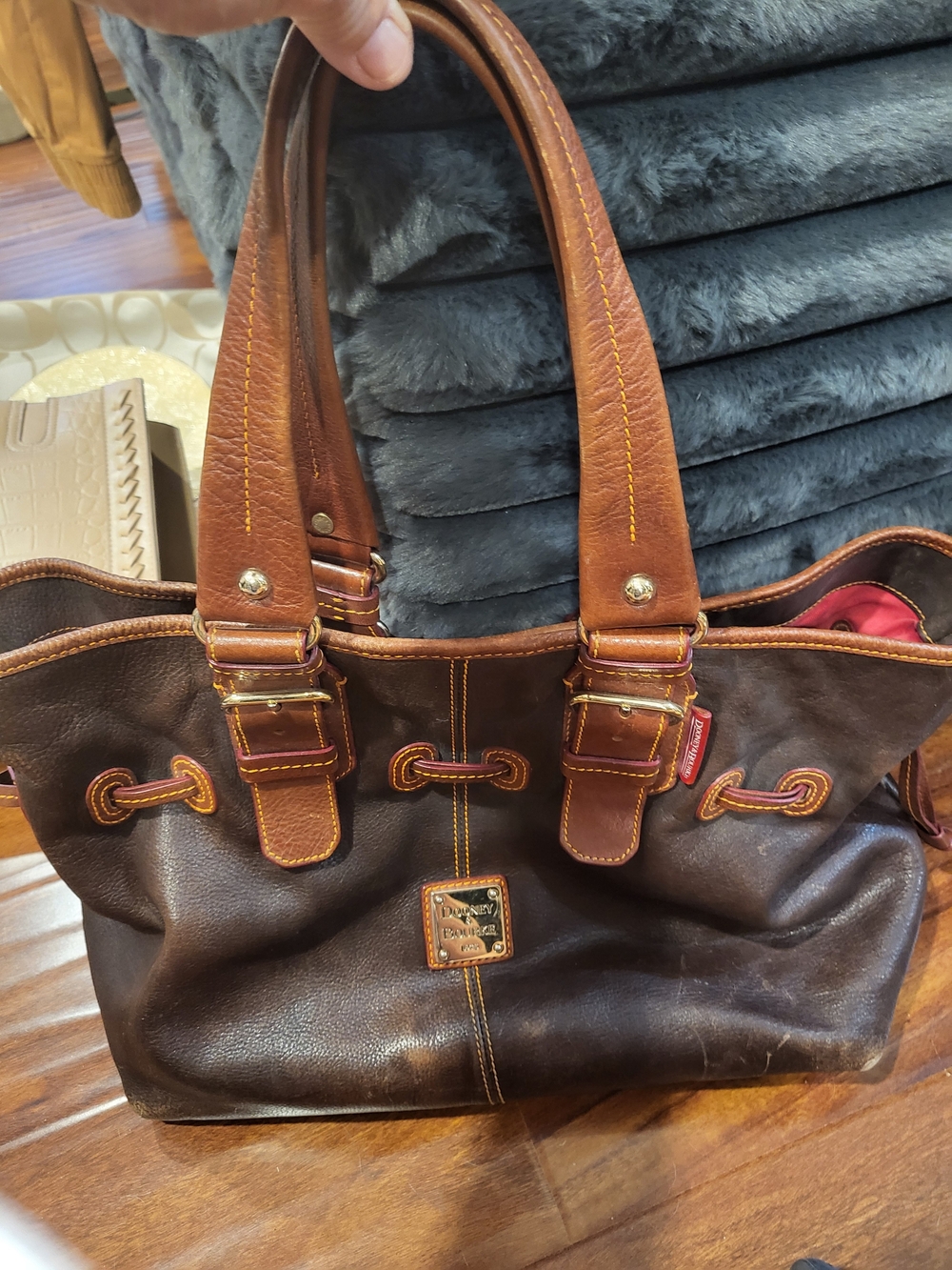 Dooney & Bourke Brown Leather Shoulder Tote with Tan Trim